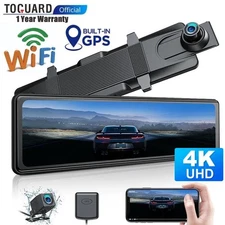TOGUARD 4K WiFi Mirror Dual Dash Cam 12" Front Rear GPS Car Camera Voice Control