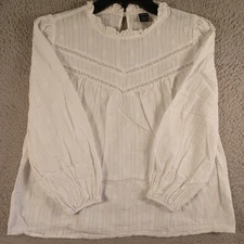 SheIn Womens White Blouse Top Size Large 8/10 Ruffle Neck Long Sleeve Geometric
