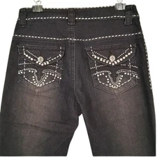 Women's Size 8 Black Jeans Med Wash Regular Fit Rhinestone Silver Embroidery Y2K