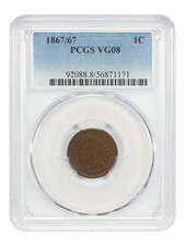 1867/67 1C PCGS VG08 - Indian Cent - Bold Overdate
