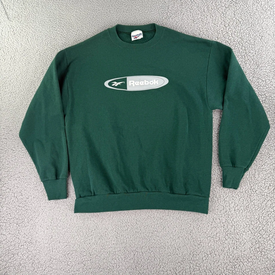 Sudadera Reebok De Colección Hombres XL Verde Hecha en EE. UU. Logo Grande Spellout Y2K Años 90 Foto 2 de 4