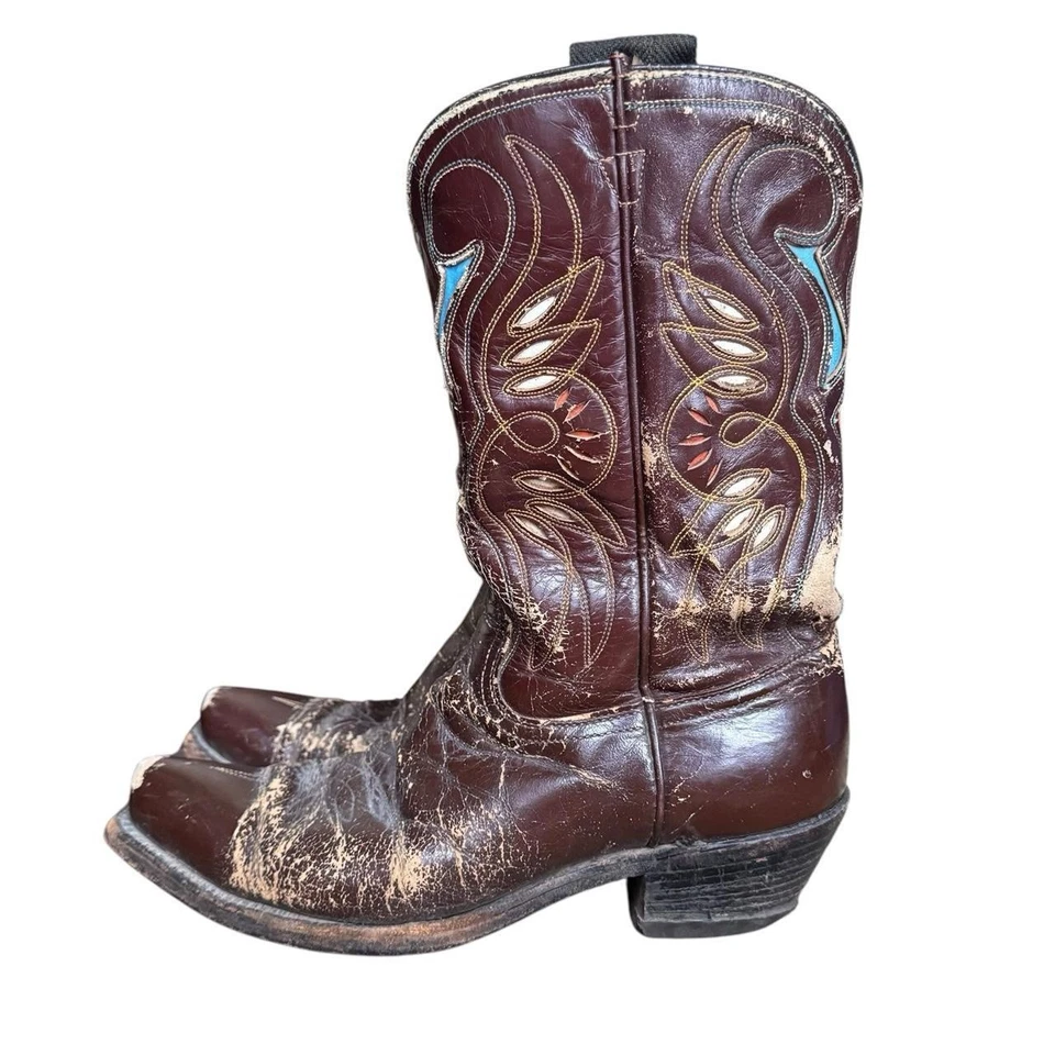 Botas de caubói masculinas vintage anos 50 ACME couro marrom ocidental desgastado tamanho 7 - Imagem 2 de 4