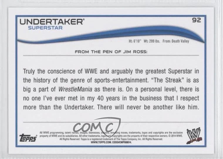 2014 Topps WWE Silver Undertaker #92 - Image 2 of 2