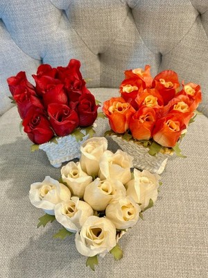 5  Potted Artificial Flowers Rose Buds White Red Peach/Pink Set Of 3