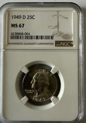 1949-D Washington Silver Quarter MS67 NGC Brite 90% Silver no toning