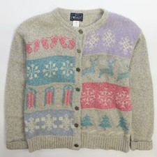 Vintage Woolrich Wool Cardigan Sweater Womens Size Medium Snowflake Reindeer