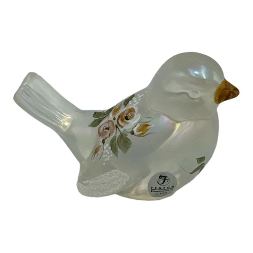 Vintage Fenton Art Glass Bird Opalescent Hand Painted Floral Signed