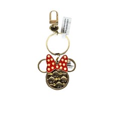Disney Parks Minnie Mouse Keychain Red Ribbon Polka Dot Gold Keyring Hearts NWT