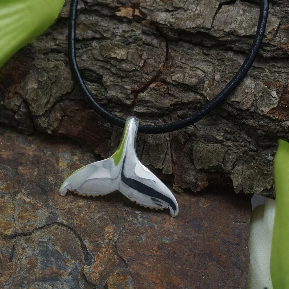 echt 925er Silber Walflosse Anhänger mit Lederkette Surferkette Delfin Flosse  - Bild 2 von 4