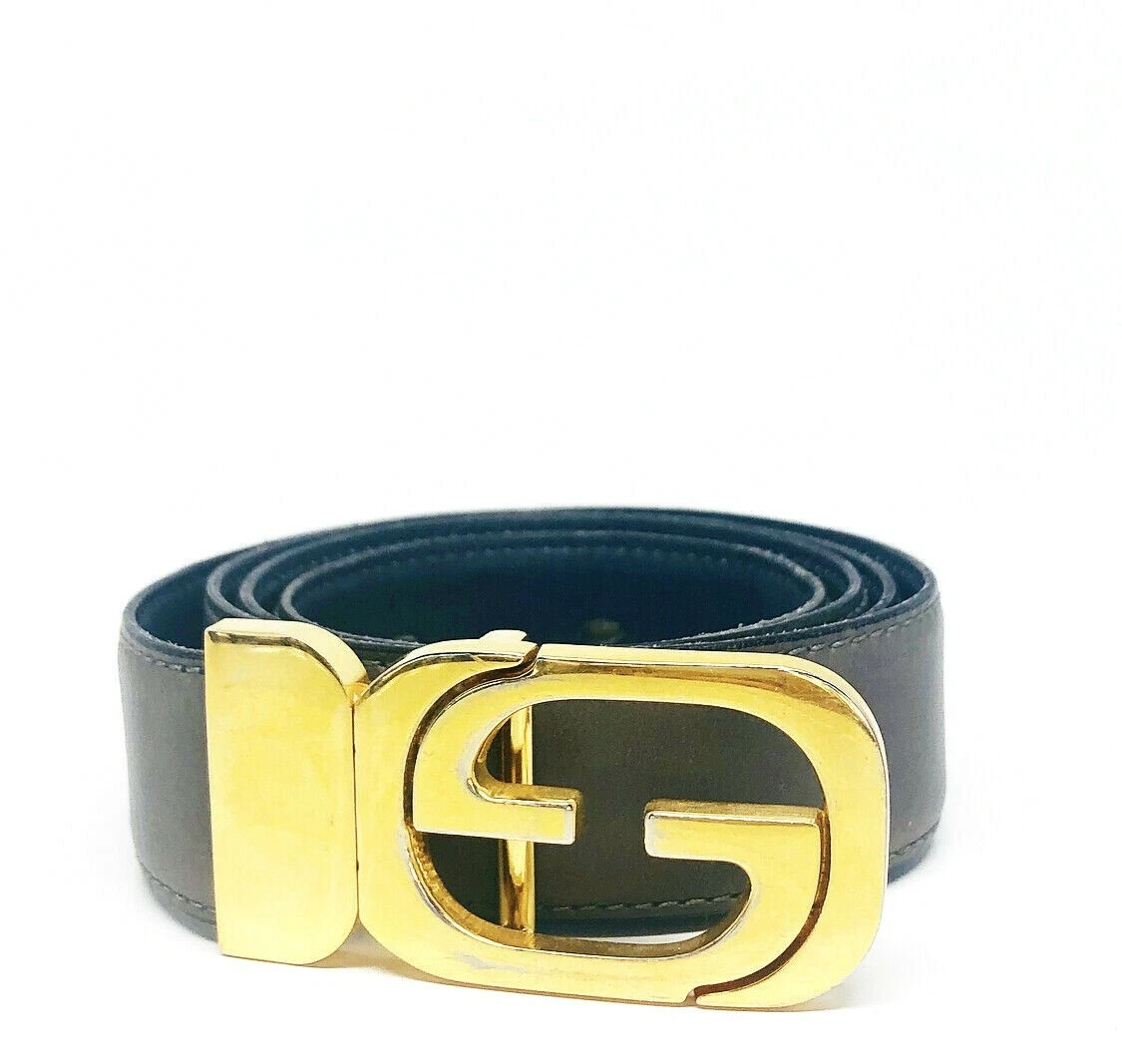Ceinture boucle G vintage années 1970 GUCCI gris inversible cuir marine or