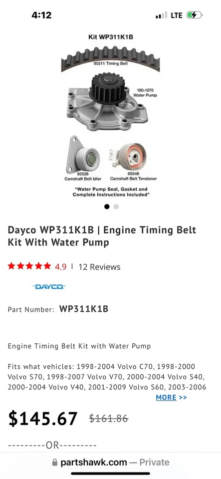 Kit de correa de distribución WP311K1B Dayco nuevo para Volvo V70 S40 S80 S60 XC90 S70 XC70 C70 Foto 3 de 3
