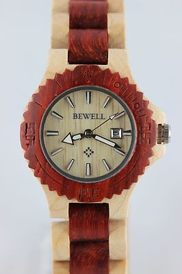 Bewell Holzuhr Damenuhr  Datum 33mm Sandelholz-Ahorn A-Ware Top Geschenk 