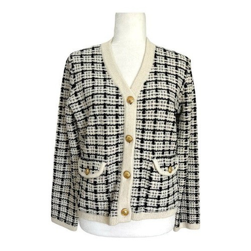NWT Marled Chic Black and White Checkered Gold Buttoned Cardigan Size Medium