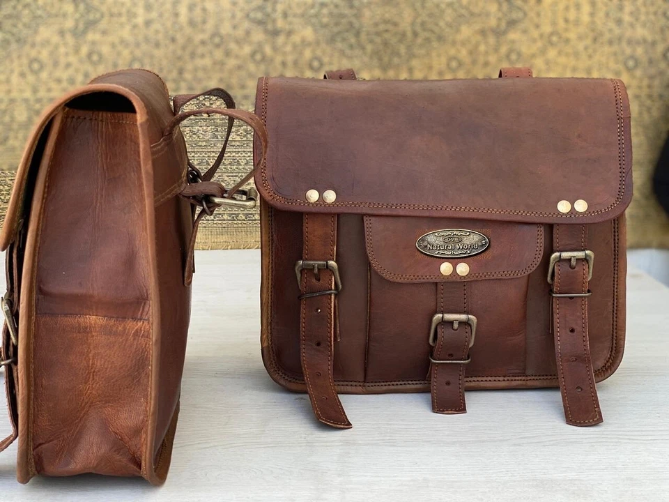 1 Pair 2 Bags Natural Waxed Saddle Motorcycle Leather Bags Bike Luggage Bag 11" - Image 2 of 4