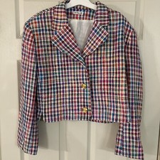 Women's Vtg Doncaster 100 Silk Blazer Jacket Blue Houndstooth Design. Sz 14.