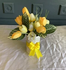 Spring/easter yellow tulip centerpiece with glitter and painted upcycled tin can
