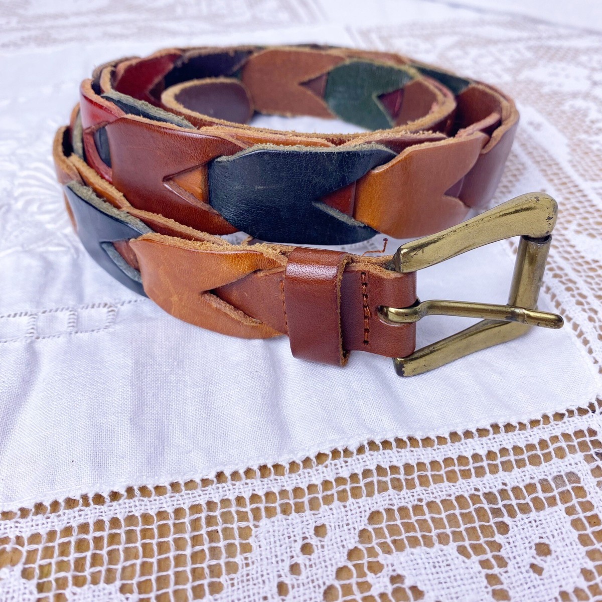 Vintage Fossil Multicolor Leather Belt Brass Buckle Size M  display picture 3