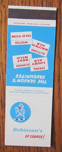 ROBINSON BEER MATCHBOOK COVER: UNICORN BREWERY STOCKPORT UK 1960s MATCHCOVER -D1