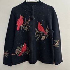 Tiara International Vintage Embroidered Cardinal Zip Front Cardigan Sweater L