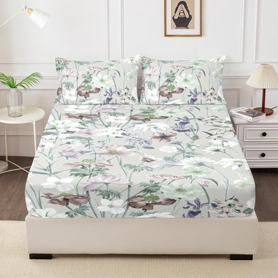 HCORA Twin Fitted Sheet and Pillowcase Set - 100% Brushed Microfiber Floral F...