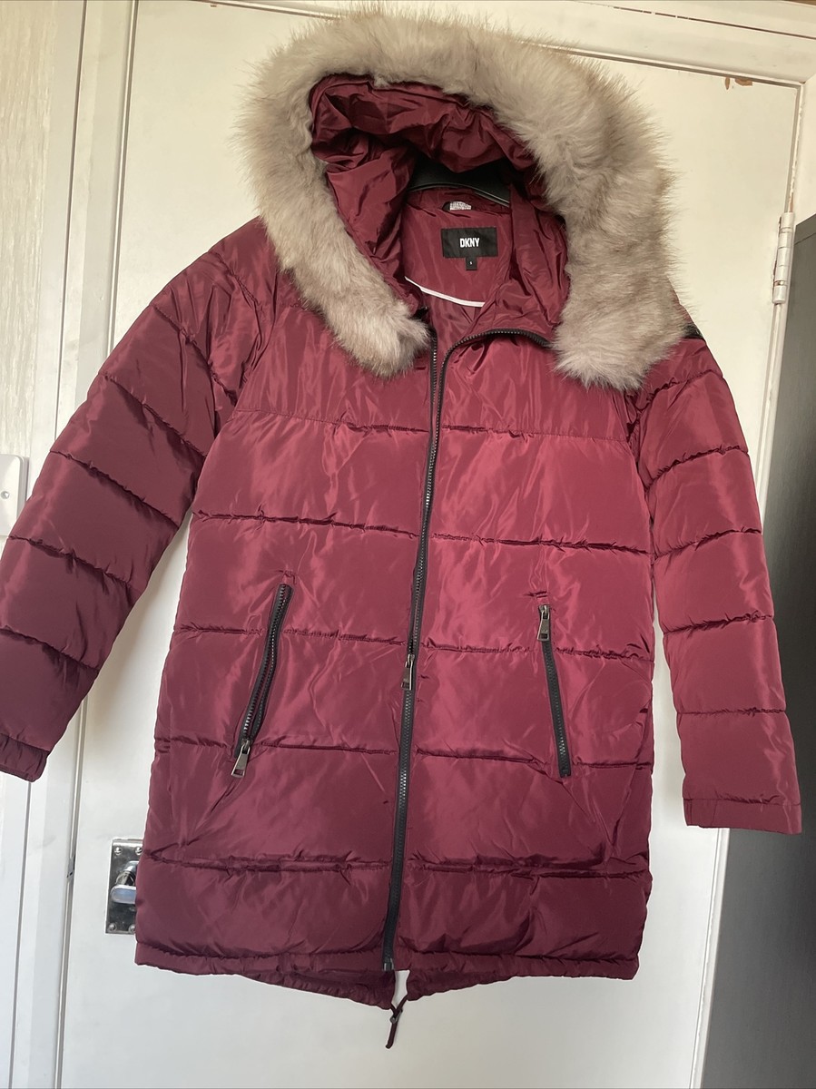 Dkny Long Padded Jacket With Fur Hood DKNY Women's Faux Fur Hooded