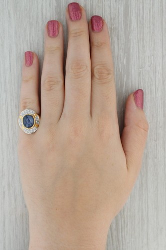 Ovalado Cabujón Zafiro Azul Anillo Diamante Halo 18k Oro Amarillo Talla 6.75-7 - Imagen 8 de 10