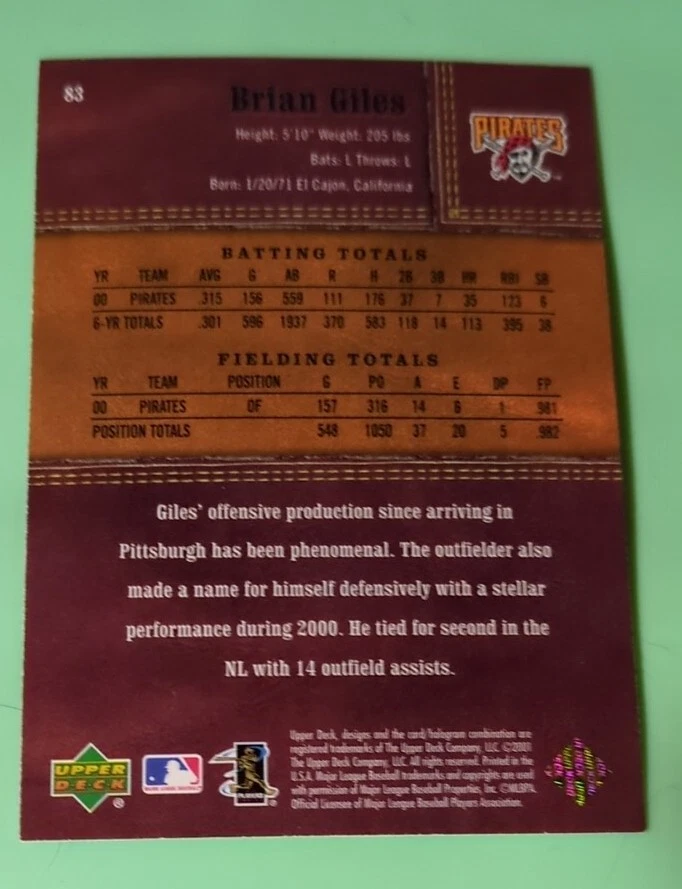 2001 Upper Deck Gold Glove Baseball #83 Brian Giles - Pittsburgh Pirates  - Image 2 of 2