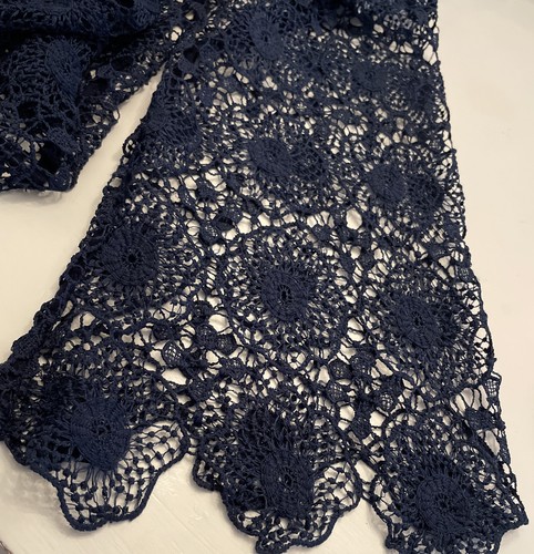 Womens DOUBLE ZERO NavyBlue Unlined Lace LgSlv Blouse ButtonBack Medium Preowned - Picture 7 of 11