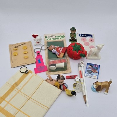 Grandmas Vintage Junk Drawer Lot Figurines Sewing Kit Buttons