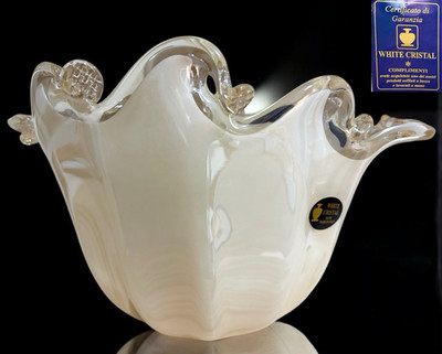 Murano White Cristal Hand Made Glass Bowl Vase Italy Champagne Flow - 13'' x 8''H