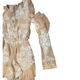Luxxel Blush Nude Floral Embroidered Mesh Romper Cold Shoulder Ruffle Small