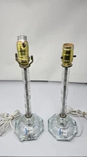 A Pair Crystal Glass Boudoir Candlestick Table Lamps Etch Floral Design Octogon
