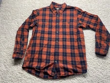 Duluth Trading Co Flannel Button Down Shirt Plaid Orange Blue Men’s L Large