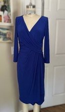 CHAPS Ralph Lauren Indigo Blue Stretch Mock wrap MIDI Shift Dress *SMALL* B137