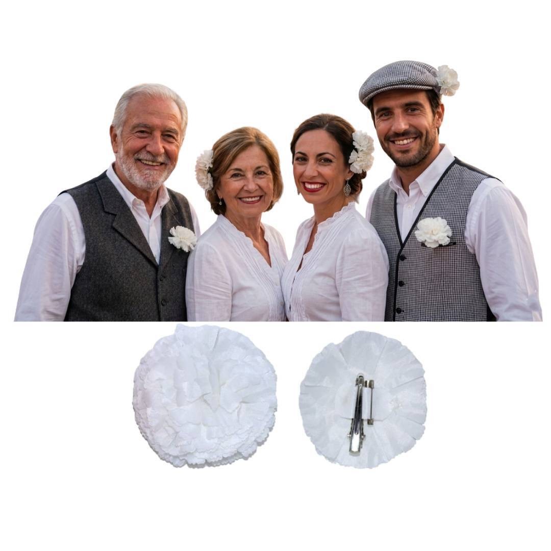 Pack 12 Claveles Blancos con Pinza para Chulapo San Isidro, Feria de Abril, Boda