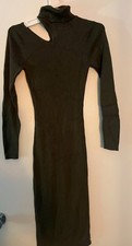 Green Knit Shoulder Slit Turtleneck Bodycon Dress S