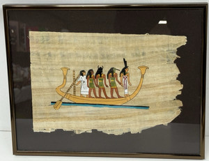 Vintage Framed Hand Painted Egyptian Art on Papyrus Paper Barge of the Sun