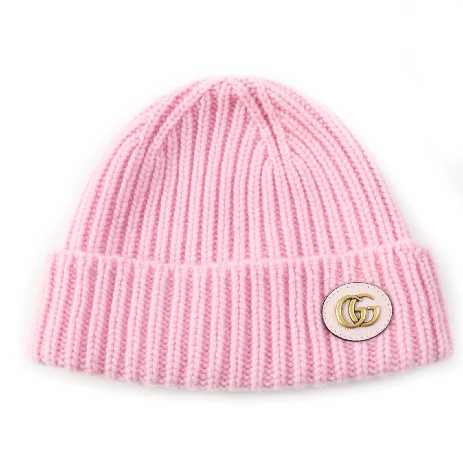 Casquette tricot double cuir cachemire GUCCI 764594 bonnet tricot rose or quincaillerie