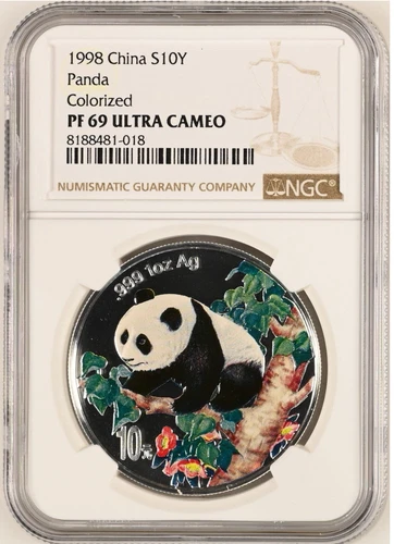 1998 Year China Panda Colored 1OZ 999 Silver 10 Y NGC 69