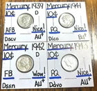Mercury Dime Lot. 1939-D, 1941, 1942-D, 1943. BEAUTIFUL . AU-BU
