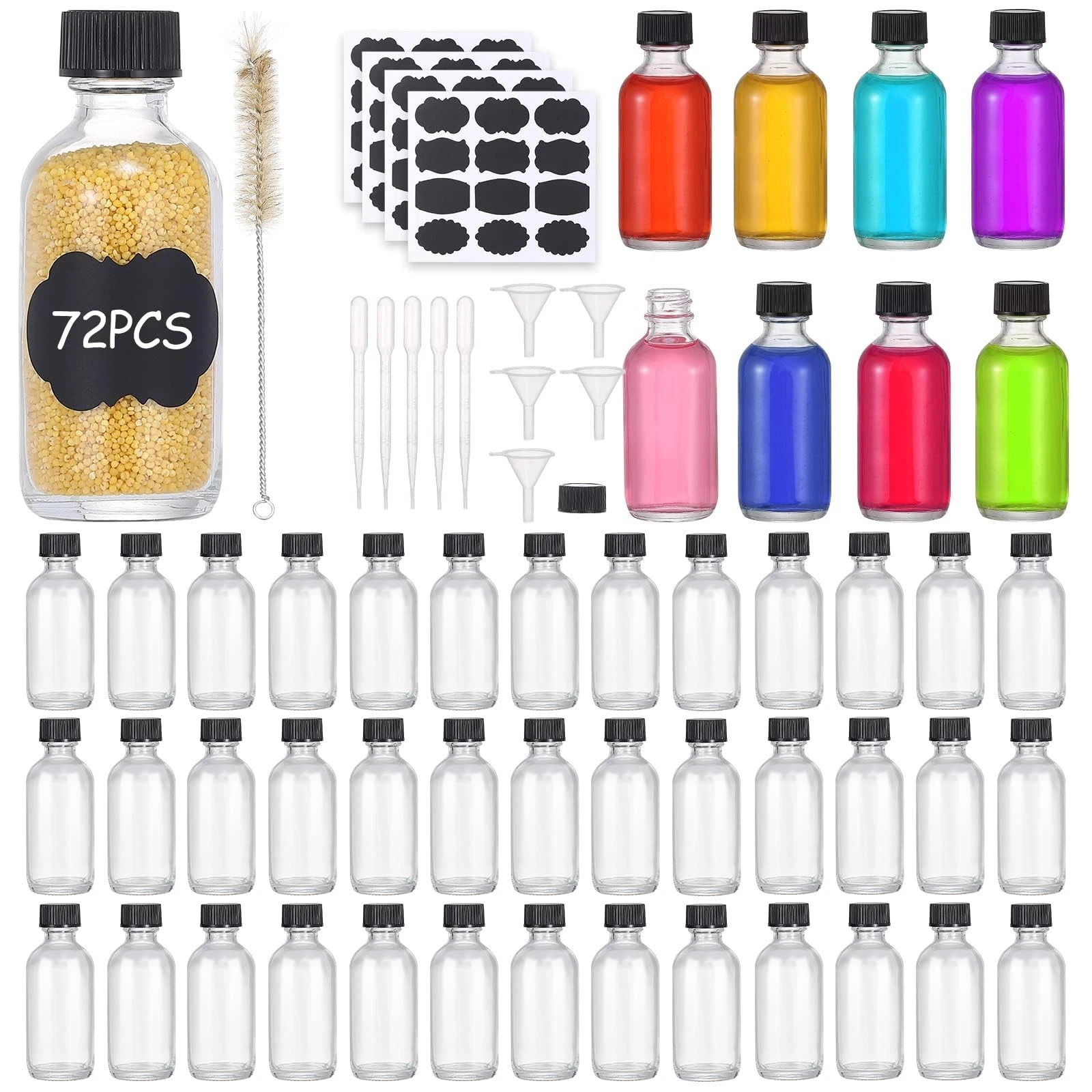 72 Pack 2oz Clear Glass Bottles with Lids - Boston Round Travel Containers, Labe