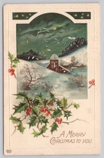 Divided Back Postcard Embossed A Merry Christmas Snowy Scene with Holly