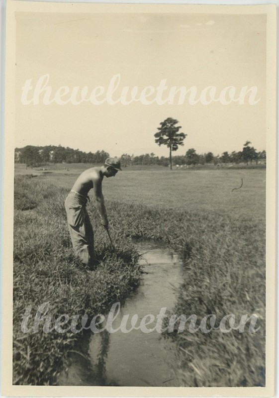 Vintage Sports Snapshot - Man Golfing by Water Hazard in Some Very Serious Rough