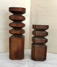 Set 2 Vintage MCM Square Wood Sculpture Stands / Pillar Candle Holders 11.5", 8"