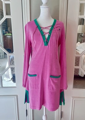 Lilly Pulitzer Vintage Pink Terry Cloth Lace Up Beach Cover Up Dress Green Sz M - Image 1 of 4
