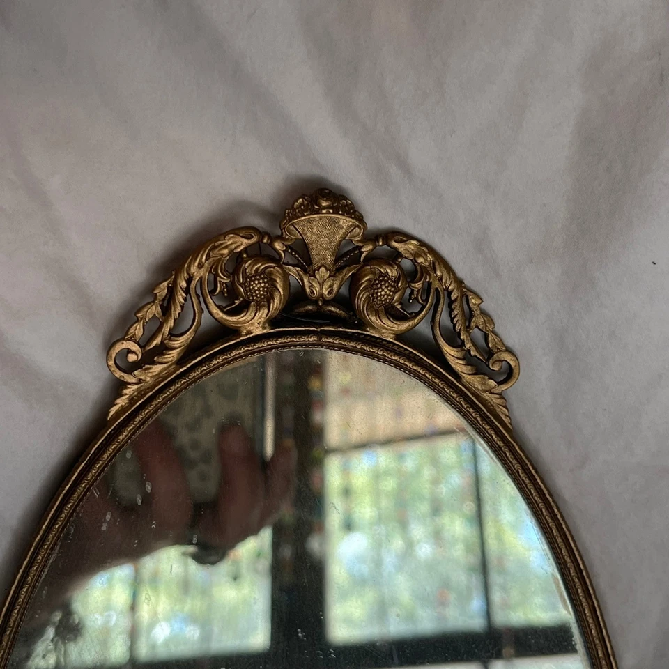 Espejo ovalado ornamentado vintage tono dorado marco decorativo Shabby Chic decoración de pared Foto 2 de 4