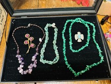 Vintage Lot Of Gemstone Necklaces Turquoise Malachite Amethyst Plus 2 Brooches