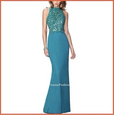 La Femme Teal Blue - Green Open Back Lace Embellished Gown Dress Sz 2