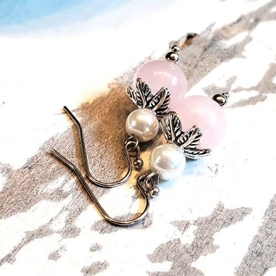 Handcrafted Rose Quartz Gemstone White Faux Pearl Silver Dangle Earrings