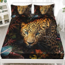 Boys Leopard Fitted Sheet Set Twin XL Size, 3D Safari Animal Cheetah Bed Shee...